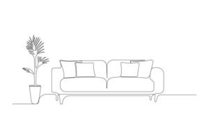 Sofa with plant continuous outline . Sofa one line art drawing vector