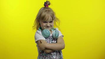 Bored lazy child crossed her arms, listening to boring story, not interested in communication video