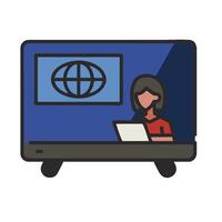 A woman is sitting in front of a computer screen with a globe on it vector