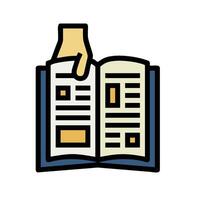 A hand is holding an open book with a finger pointing at it vector