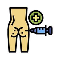 A syringe and a needle are in front of a person's leg vector