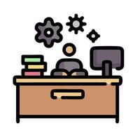 A person sitting at a desk with a computer and other items vector