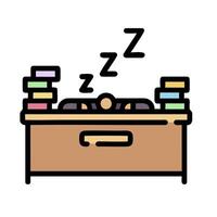 A person sleeping on a desk with books and a clock vector