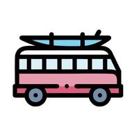 A pink bus with a surfboard on top vector