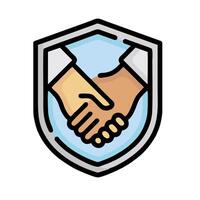 Two hands shaking hands over a shield icon vector