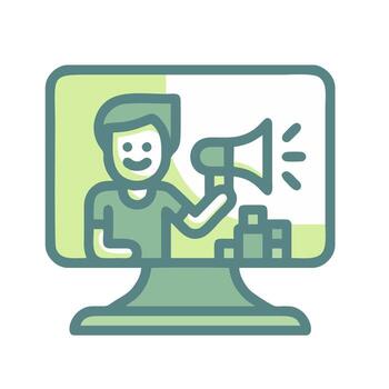 A man is holding a megaphone in front of a computer screen vector