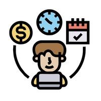 A man is sitting in front of a computer with a clock, money and a calendar vector