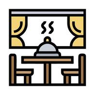 A restaurant table and chairs with a table and a window vector