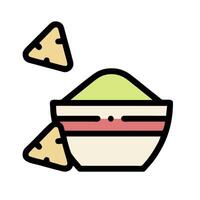 A bowl of guacamole with chips on top vector