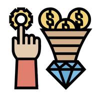 A hand pointing to a funnel with money in it vector
