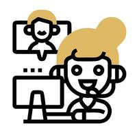 A woman is working on a computer with a headset on vector