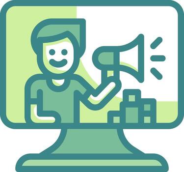 A man holding a megaphone in front of a computer monitor vector