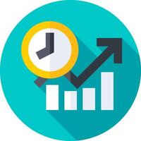 A flat icon of a bar chart with a clock and a graph vector