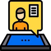 A person is talking to a tablet computer vector