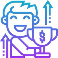 A man holding a trophy and an arrow pointing up vector