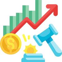 A gavel and dollar coin are next to an upward graph vector