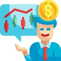 A cartoon man with a dollar coin on his head and a speech bubble with a chart vector