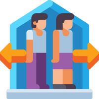 Two people standing in front of a house with an arrow pointing to the left vector