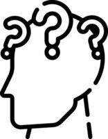 A black and white outline of a head with question marks vector