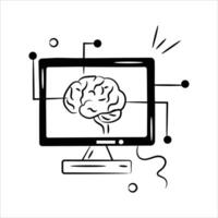 A computer monitor with a brain, symbolizing artificial intelligence in computing systems vector