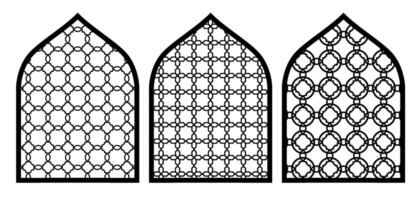 Arabic or Islamic window shape with mashrabiya pattern set. Islamic arhitecture element of window, door. Template girikh pattern, silhouette Arabic arch. CNC pattern, ornamental doors template vector