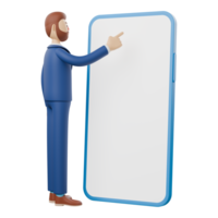 3D character of a businessman is pointing towards the blank screen of an advertisement on a large smartphone. png