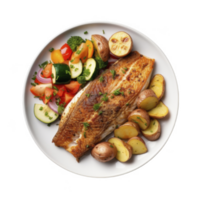 Top view of fried fish with vegetables on transparent background png