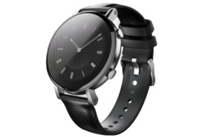 A black fitness tracker displaying heart rate and activity data during an exercise session indoors png