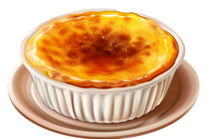 Creamy vanilla custard dessert with a caramelized top served in a ramekin on a neutral plate, highlighting its golden brown color and smooth texture png