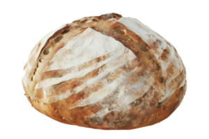 Freshly baked artisan bread displayed on a rustic cloth with wheat ears in a cozy kitchen setting png