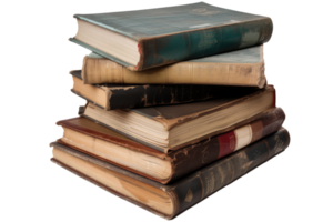 A collection of well-worn vintage books stacked neatly on a surface, showcasing intricate bindings and varied colors in a cozy reading corner png