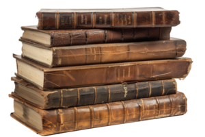 A collection of well-worn vintage books stacked neatly on a surface, showcasing intricate bindings and varied colors in a cozy reading corner png