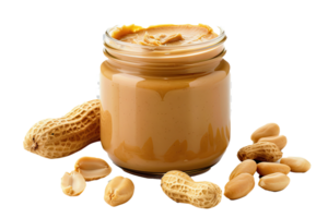 A jar of creamy peanut butter sits on a clean surface beside a whole peanut, showcasing its rich color and smooth texture png