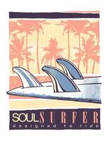 Illustration of surfboard fins in close-up. Art composition with coconut trees in the background. vector