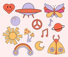 Groovy retro stickers in 1970 style. Set of illustrations from 60s isolated on white background. Moon, sun, rainbow and ufo in flat style vector