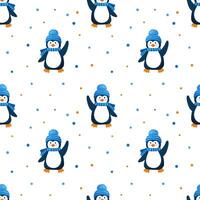 Seamless pattern with cute waving penguin in hat and scarf in winter. Endless pattern for textiles or fabric for newborns. vector