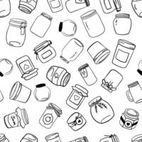 Seamless monochrome pattern with hand drawn mason jar. Jars with lid, label, ribbon. illustration in outline doodle style vector