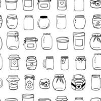 Seamless monochrome pattern with hand drawn mason jar. Jars with lid, label, ribbon. illustration in outline doodle style vector