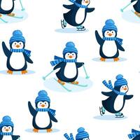 Seamless pattern with cute penguin in hat and scarf in winter. Endless pattern for textiles or fabric for newborns. Penguin on skates and skiing vector