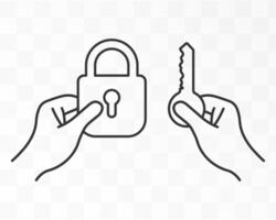 Key and lock in hand icon symbol. Hand holding key and lock line art logo sign. illustration image. Isolated on background. vector