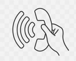 Old style phone in hand icon symbol. Hand holding and using a phone logo sign. illustration image. Isolated on background. vector