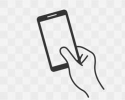 Smart phone in hand icon symbol. Hand holding and using a smartphone logo sign. illustration image. Isolated on background. vector