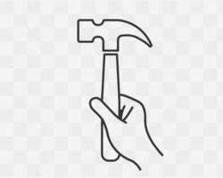 Worker hammer in hand icon symbol line art. Builder tool and hand logo sign. illustration image. Isolated on background. vector