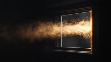Warm light streams through an open window, illuminating dust particles in the air and creating an ethereal effect in the dimly lit space during the evening. The room feels cozy and inviting. photo
