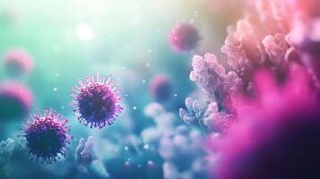 An illustration depicts a virus in a close-up, surrounded by smaller particles. The virus is pink and purple, with a complex, spiky surface. The background is a hazy blue-green with hints of pink. photo