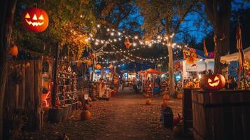 An enchanting autumn market filled with colorful pumpkins and decorations, illuminated by string lights, creating a festive atmosphere as evening descends during the Halloween season. photo