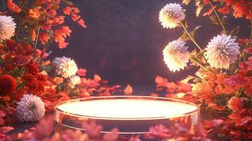 The scene showcases a softly lit pedestal surrounded by a rich array of blooming flowers in various colors. The setting is tranquil and inviting, perfect for a showcase of decorative pieces or art. photo