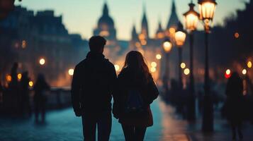 A couple strolls hand in hand along a city street, surrounded by glowing street lamps as dusk settles over the skyline. The silhouettes highlight their connection against the enchanting backdrop. photo