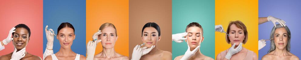 Seven multiethnic women of different ages shown receiving facial injections in a studio setting. Each woman is positioned in front of a colorful background photo