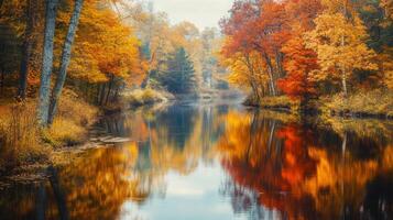 A serene river flows gently through a forest adorned with brilliant autumn leaves. The vibrant colors of the trees create beautiful reflections in the calm water, enhancing the peaceful atmosphere. photo